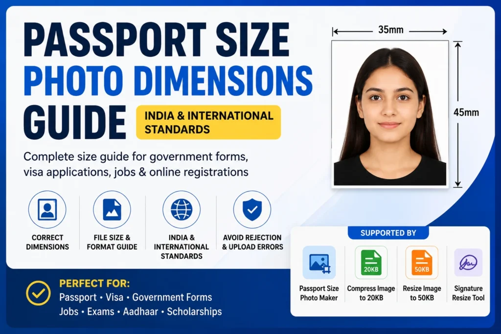 Passport size photo dimensions guide showing 35mm x 45mm standard size for India, government forms, visa applications, jobs, exams and online registrations