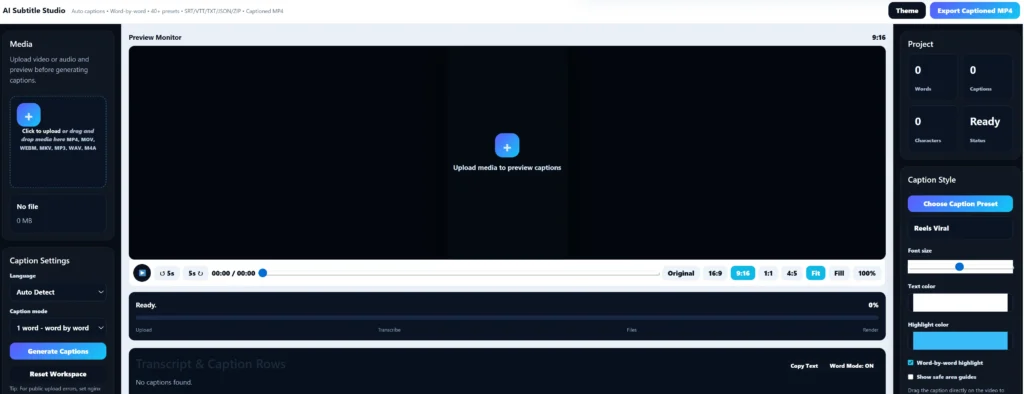 AI Subtitle Generator creating automatic video captions subtitles for YouTube Instagram Reels TikTok podcasts and online courses