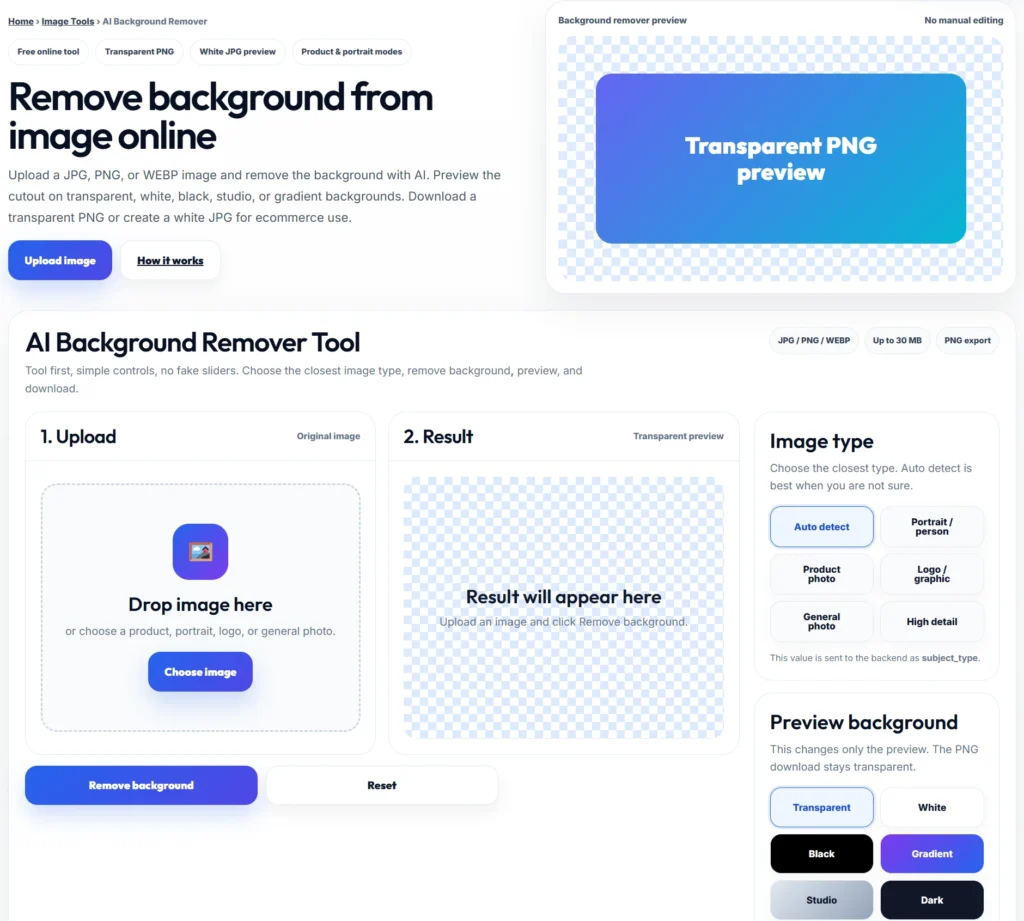 Upload a JPG, PNG, or WEBP image and remove the background with AI. Preview the cutout on transparent, white, black, studio, or gradient backgrounds. Download a transparent PNG or create a white JPG for ecommerce use.