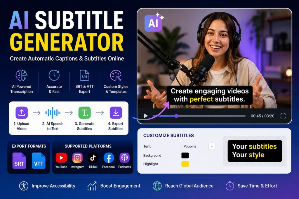 AI Subtitle Generator tool creating automatic subtitles captions for YouTube videos Instagram Reels TikTok podcasts webinars and online courses