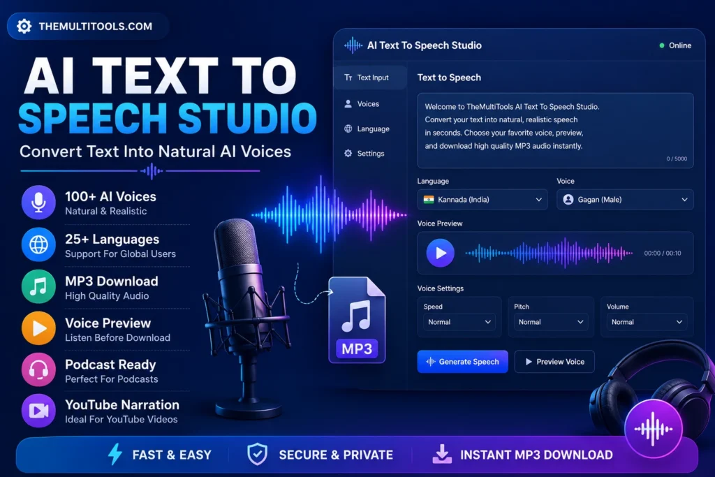 AI Text To Speech Studio converting text into natural AI voices with MP3 download, voice preview, 100+ AI voices, 25+ languages, podcast narration and YouTube voiceover support