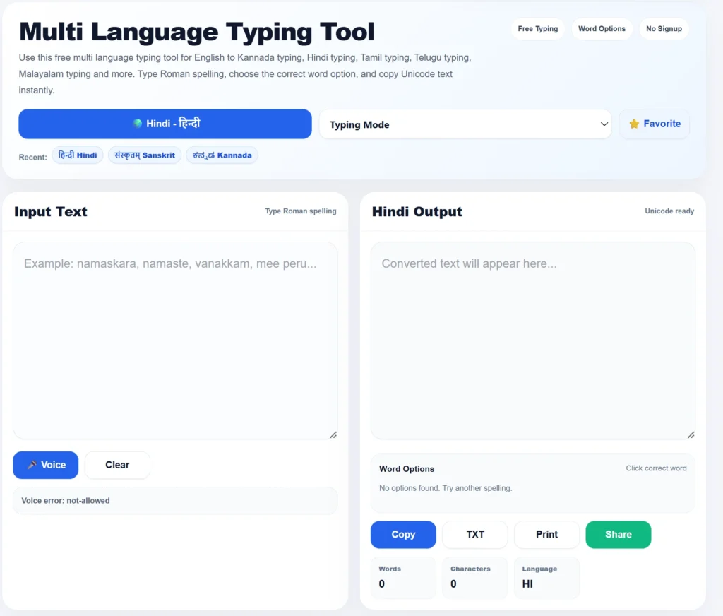 Multi Language Typing Tool for Kannada Hindi Tamil Telugu Malayalam and Indian language typing online