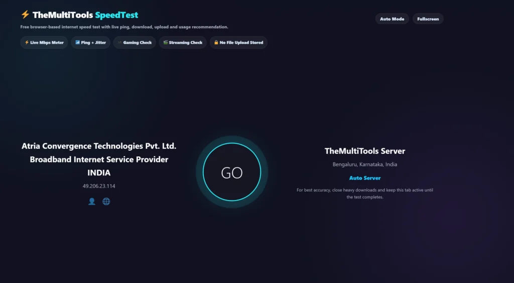 Internet Speed Test Online tool showing download speed upload speed ping jitter gaming performance and streaming quality analysis
