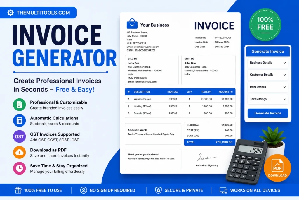 Free invoice generator online for GST invoices, business invoices, freelancer invoices and tax invoices