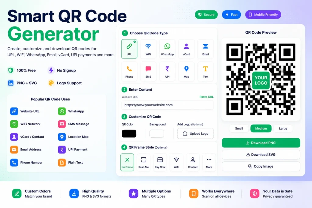Smart QR Code Generator tool creating QR codes for website URLs WiFi networks contact cards email phone numbers SMS location maps and UPI payments online
